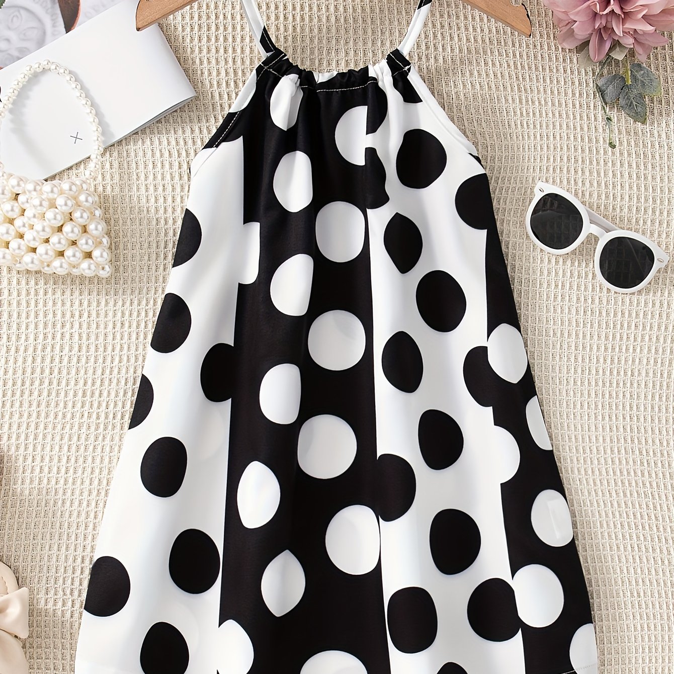 Girls Charming Polka Dot Summer Dress - Chic Thin Straps, Sleeveless, Vibrant Print, Regular Fit, Knee-Length - Ideal for Stylish Casual Outings