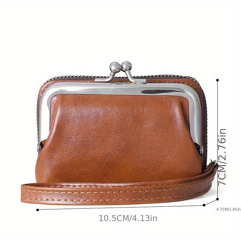 Mini Retro Clutch Coin Purse, Solid Color Kiss-Lock An D Zipper Layer Wallet, Faux Leather Purse