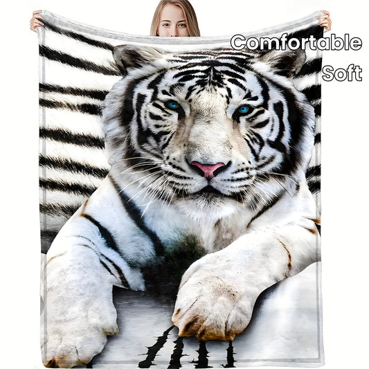 1pc White Tiger Printed Flannel Blanket - Luxuriously Soft & Cozy for Adults - Eye-Catching Design - Versatile Use at Home, Picnics, and Travel - Perfect Gift Option