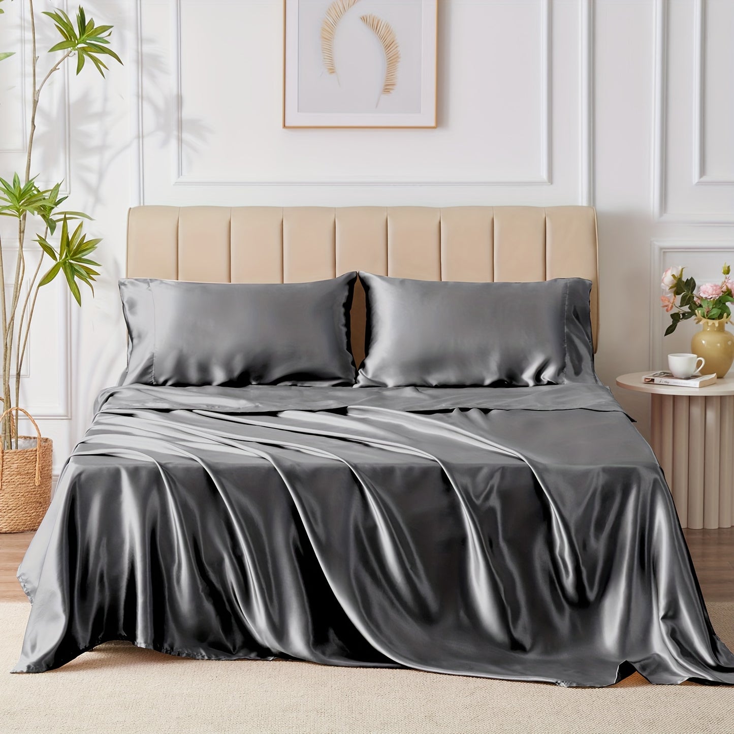 4-Piece Luxurious Satin Sheet Set - Soft, Silky Microfiber, Deep Pocket Fitted Sheet, Flat Sheet, and 2 Pillowcases for Ultimate Comfort and Smoothness - Breathable, Hypoallergenic, and Wrinkle-Resistant Bedding