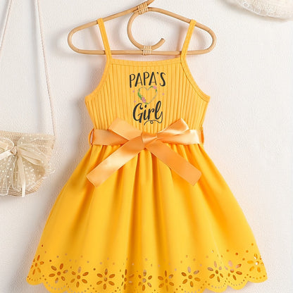 PAPA'S GIRL Print, Girl's Fashion Casual Summer Sleeveless Dress With Bow Belt And Hollow Out Design For Outdoor Wear