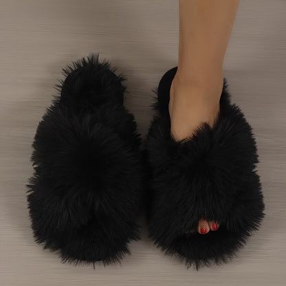 Fashion Plush Slippers, Plush Lined Fluffy Faux Fur Slides, Indoor Comfortable Antislip PVC Sole