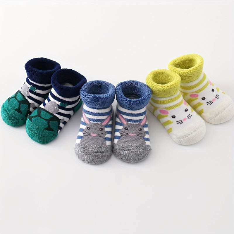 3pairs Baby Boys Girls Kids Thickened Terry Cute Animal Warm Socks For Autumn Winter, Newborn Baby Infant Children's Floor Socks