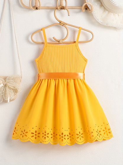 PAPA'S GIRL Print, Girl's Fashion Casual Summer Sleeveless Dress With Bow Belt And Hollow Out Design For Outdoor Wear