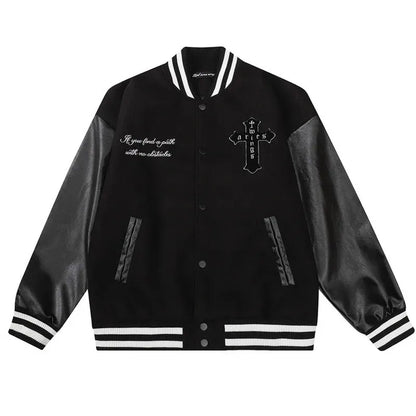 High Street Varsity Jacket Men Cross Embroidered Baseball Jackets Women Spring Autumn Coat Patchwork Outweaer Unisex