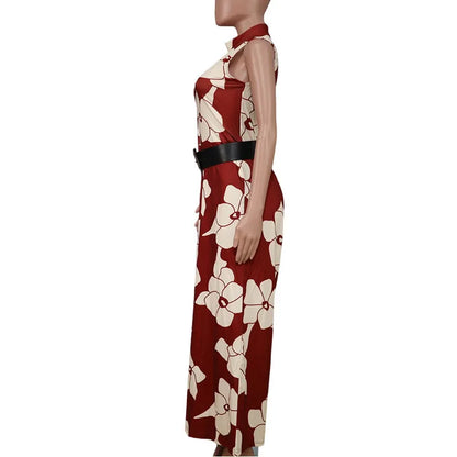 Stylish Women's Print Jumpsuit with Belt for a Comfortable and Elegant Commuting Style AST189987