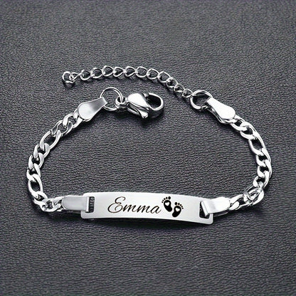 Customizable Stainless Steel Footprint ID Bracelet - Delicate Punk Style Chain with Personalized Nameplate and Engraved Footprint Design - Unique Gift for Loved Ones