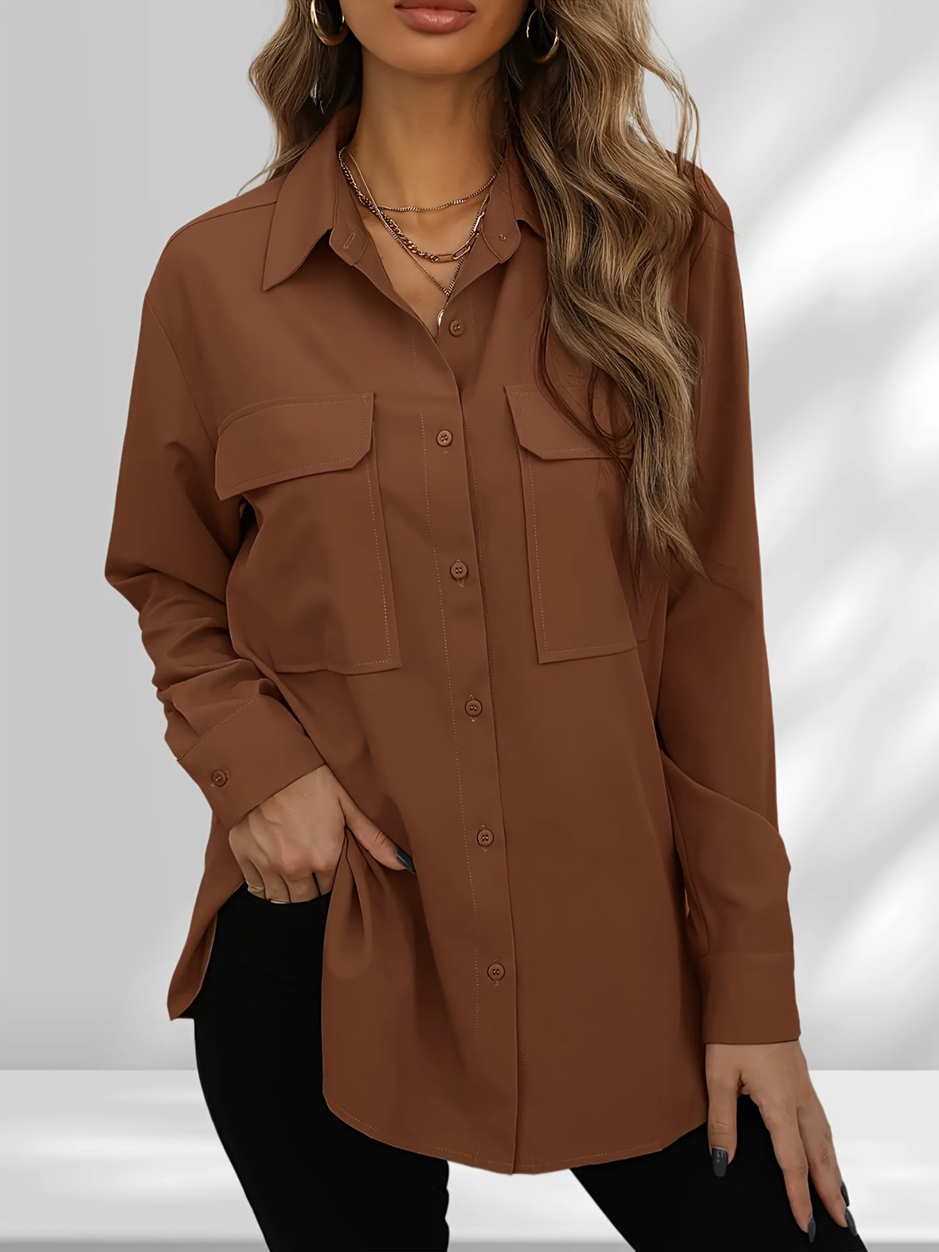 Plus Size Casual Blouse, Women's Plus Solid Button Up Long Sleeve Turn Down Collar Blouse With Pockets