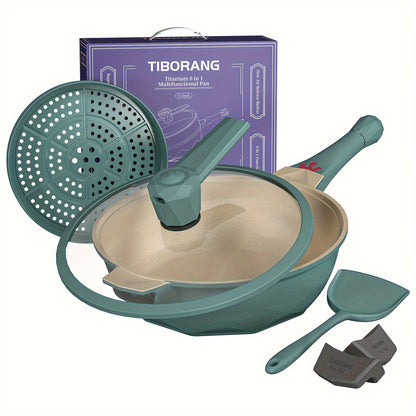 11-Inch Tiborang MasterChef Pan - Premium 7-in-1 Multipurpose Frying Pan with 5 Quart Capacity, Heat Indicator, Non-Stick Coating, Glass Lid, Steamed Grid, and Oven & Dishwasher Safety - Perfect for All Stovetops and Cooking Methods