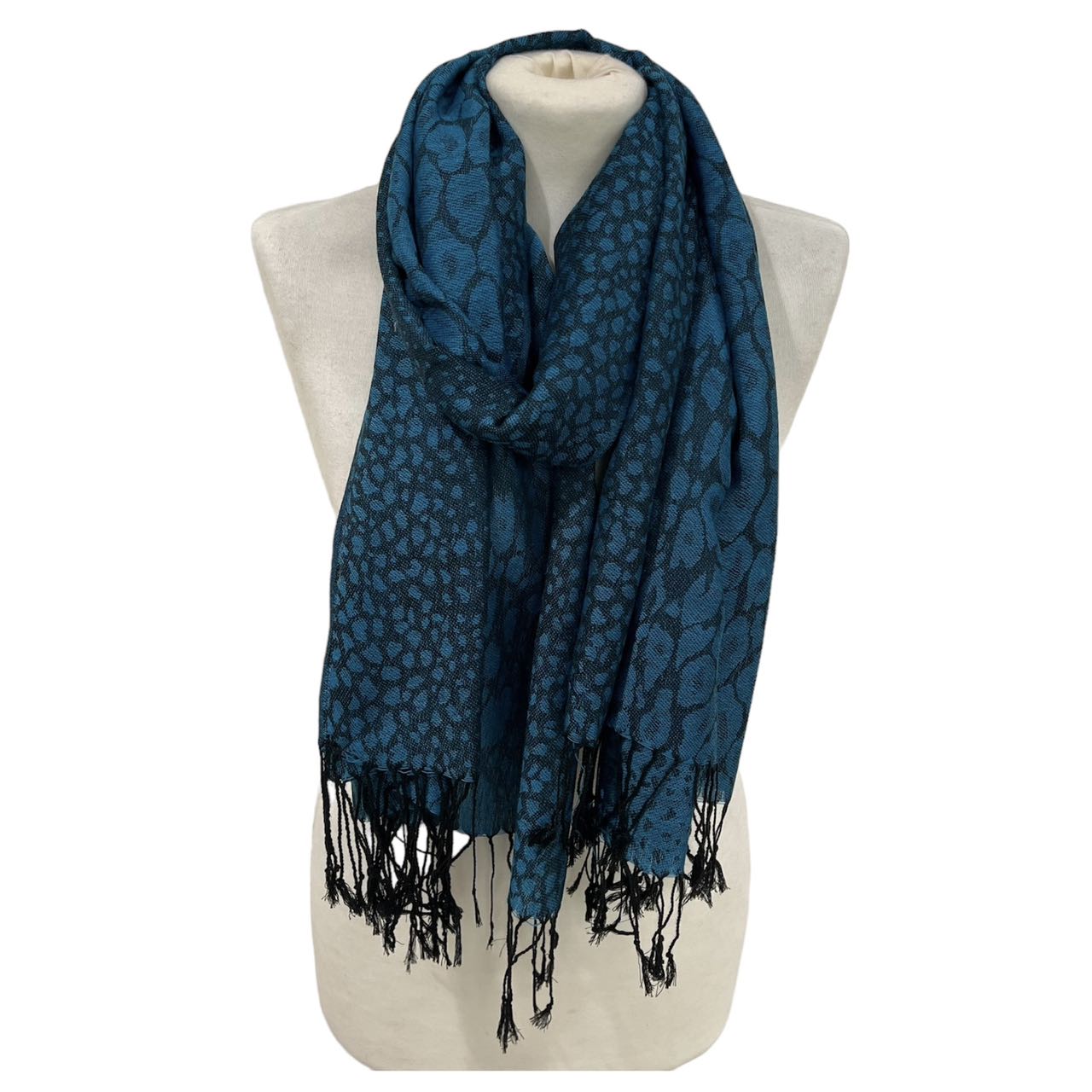 Blue Black Animal Printed Pashmina and Silk Blend Design Fringe Scarf