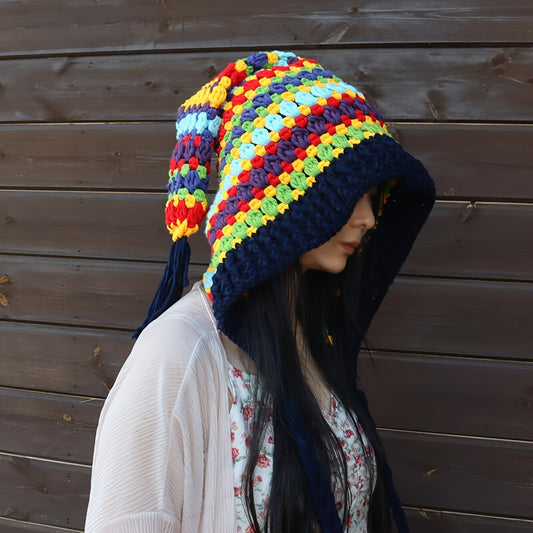 Large Crochet Beanie - Unique Bohemian Boho Candy Color Vintage Striped Color Block Rainbow Knit Hat with Oversized Ear Flaps and Fashionable Tassel Detail - Perfect Accessory for Fashion-Conscious Women and Girls