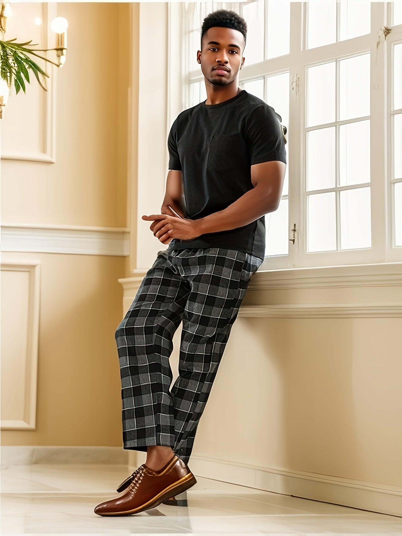 2 Pcs Men's Simple Solid Round Neck Short Sleeve & Plaid Trousers Pajama Set, Comfortable & Skin-friendly Style Pajamas For Men's Cozy Loungewear