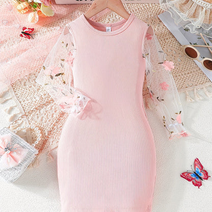 Elegant Toddler Girls Mesh Long Sleeve Embroidery Bodycon Dress Crew Neck Dresses Kids Clothes Party