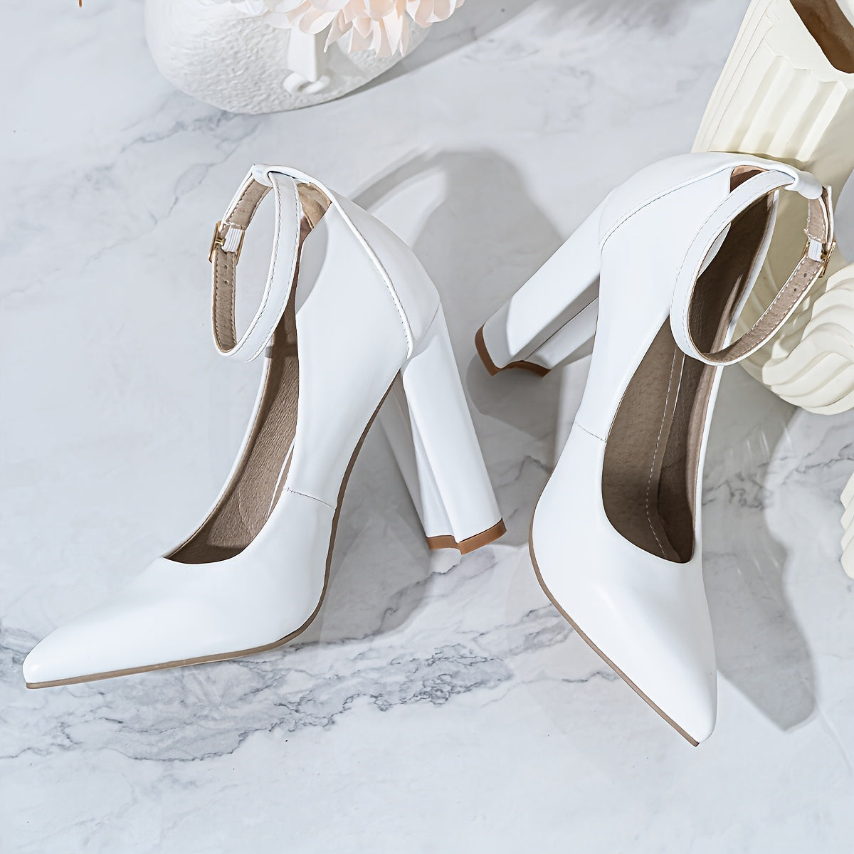 Chic Pointed-Toe Heels - Ankle Strap, Chunky Heel, Lightweight Design for Everyday Elegance