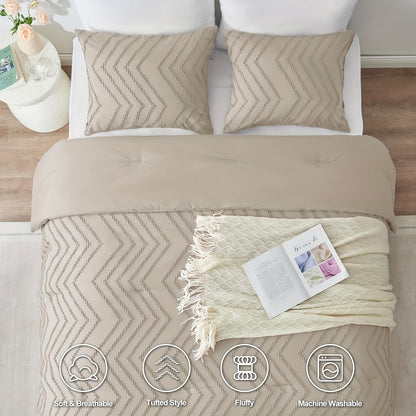 3-Piece Beige Boho Chic Comforter Set - Tufted Shabby Chic Bedding with Chevron Pattern, Soft Brushed Microfiber Fabric, and Hypoallergenic Filling for All Seasons - Queen Size Bedding Set with 1 Comforter and 2 Pillow Shams