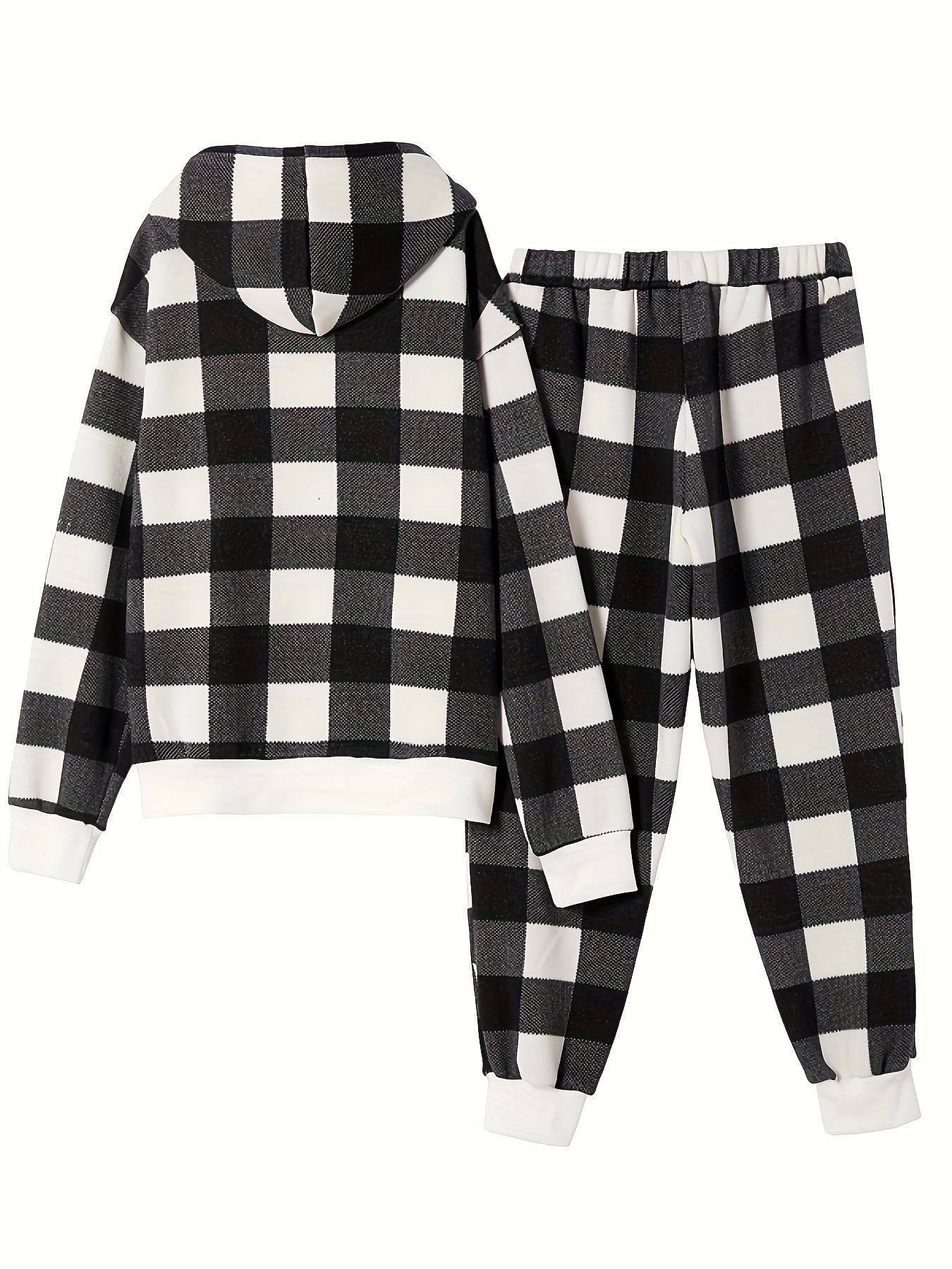 Men's Simple Style Casual Checkered Pajamas Sets, Checkered Hooded Sweatshirt With Kangaroo Pocket Top & Loose Sweatpants Trendy Trousers With Pockets Elastic, Outdoor Sets For Spring Autumn