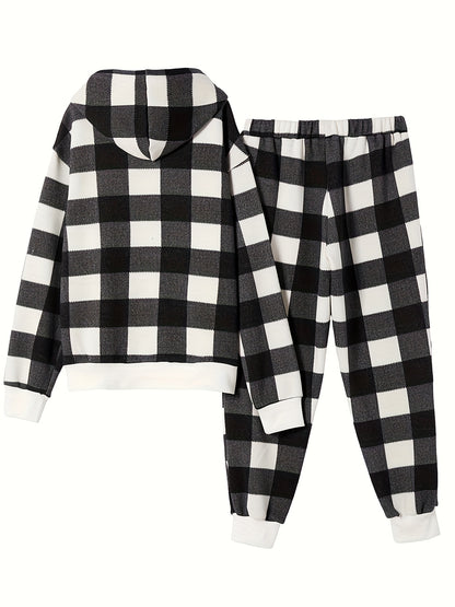 Men's Simple Style Casual Checkered Pajamas Sets, Checkered Hooded Sweatshirt With Kangaroo Pocket Top & Loose Sweatpants Trendy Trousers With Pockets Elastic, Outdoor Sets For Spring Autumn