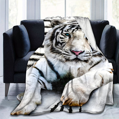 1pc White Tiger Printed Flannel Blanket - Luxuriously Soft & Cozy for Adults - Eye-Catching Design - Versatile Use at Home, Picnics, and Travel - Perfect Gift Option