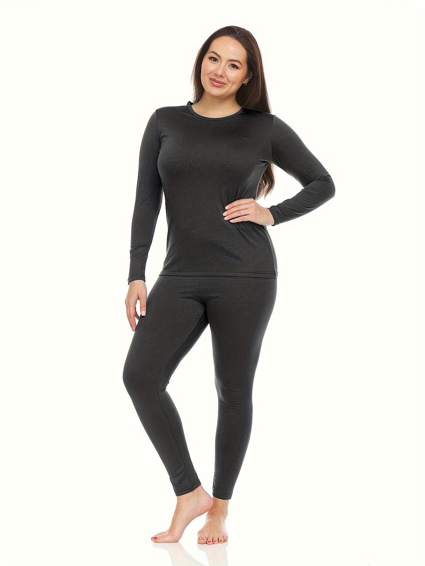 2Pcs Womens Thermal Underwear Set - Solid Color, Round Neck Long Sleeve Top & Stretch Leggings - Premium Base Layer Activewear for Cold Weather Comfort and Freedom of Movement