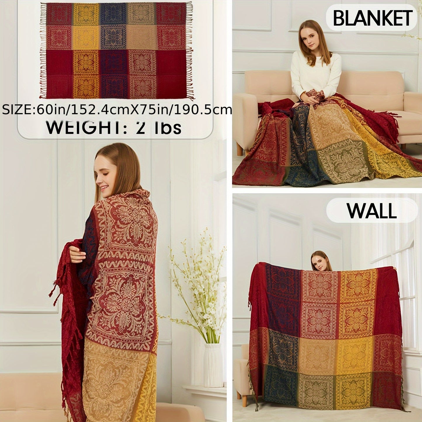 Boho Throw Blanket Chenille Jacquard Tassels Throw Blankets for Bed Couch Soft Chair Bohemian Fringe Tassels Red S:60x75