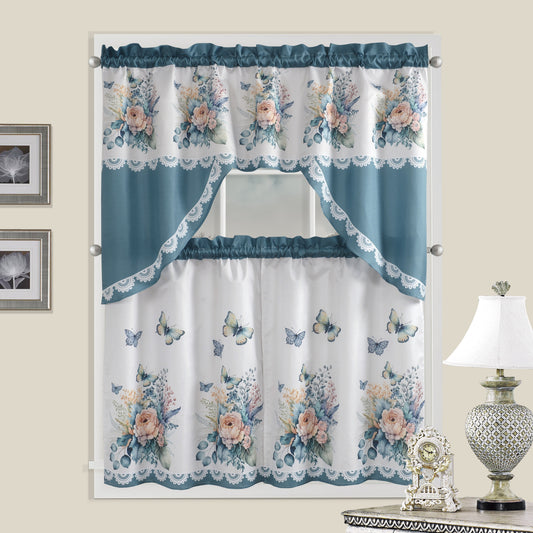 3pcs/set Kitchen Curtains Polyester Fabric Printed Pattern Flower Butterfly Design Curtains Small Curtains, Suitable For Kitchen Dining Room Window Blackout Decoration Home Decor Window Supplies, Bathroom, Living Room, Bedroom, Wedding, Party Decor