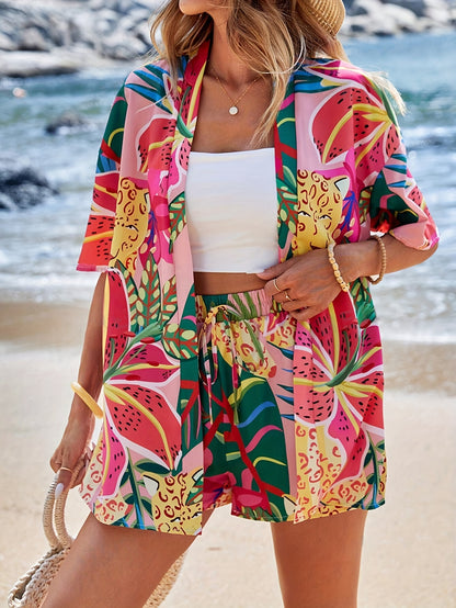 Vacation Style Tropical Print Shorts Set, Open Front Short Sleeve Cover Up & Drawstring Loose Shorts, Women's Clothing