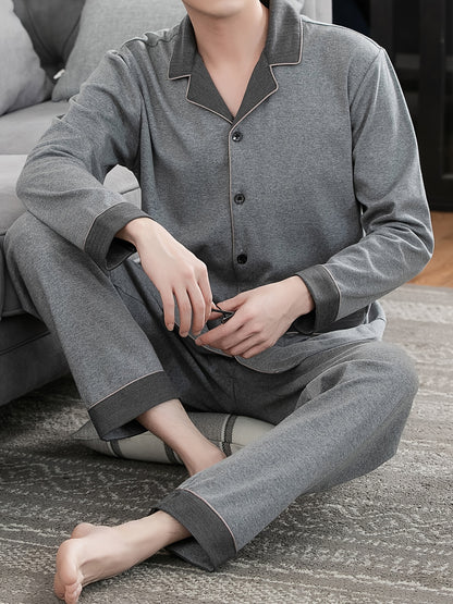 Mens Cotton Blend Pajama Set - Soft & Stretchy, Long Sleeve with Color Block Contrast, Comfy Loungewear for Year-Round Stylish Relaxation, Perfect for Spring/Fall