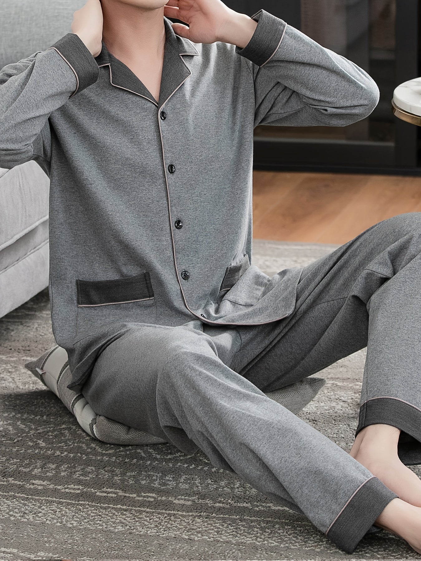 Mens Cotton Blend Pajama Set - Soft & Stretchy, Long Sleeve with Color Block Contrast, Comfy Loungewear for Year-Round Stylish Relaxation, Perfect for Spring/Fall