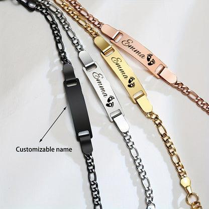 Customizable Stainless Steel Footprint ID Bracelet - Delicate Punk Style Chain with Personalized Nameplate and Engraved Footprint Design - Unique Gift for Loved Ones