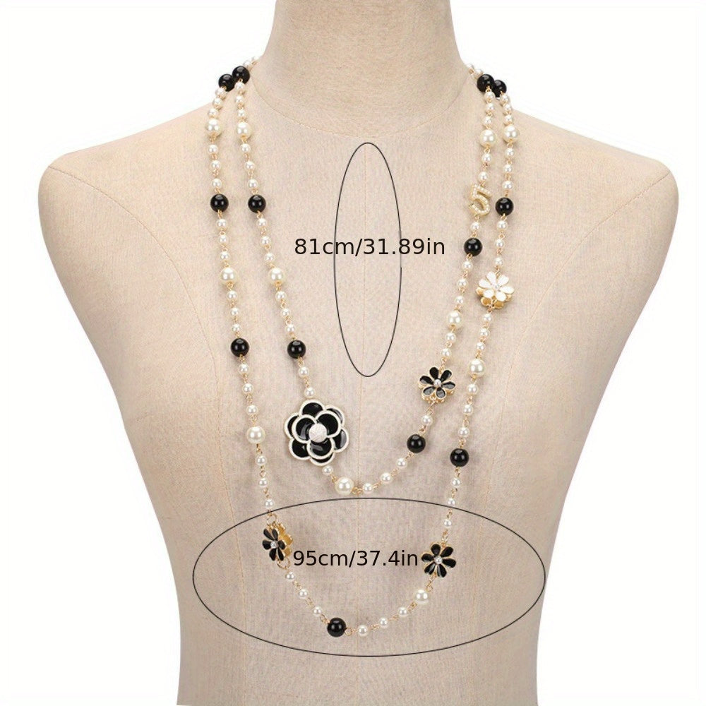 French Court Style Faux Pearl Necklace Korean Style Flower Beaded Sweater Chain Long Style With Number 5 Double Layer Pendant Necklace Jewelry