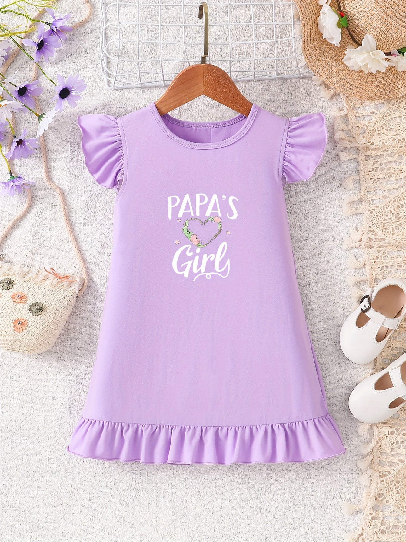 Cute Cartoon PAPAS GIRL Print Bodycon Dress for Girls - Soft Cotton, Short Sleeve, Crew Neck, Alphabets Pattern, Regular Fit, Slight Stretch, Perfect for Spring & Summer, Great Gift Idea