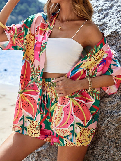 Vacation Style Tropical Print Shorts Set, Open Front Short Sleeve Cover Up & Drawstring Loose Shorts, Women's Clothing