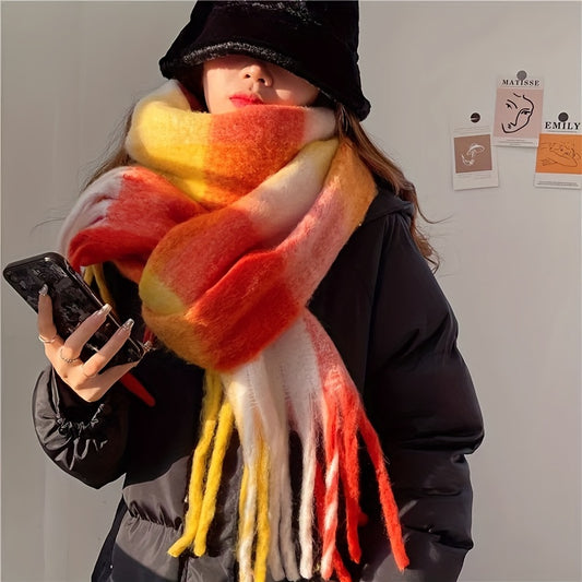 Cozy Rainbow Plaid Scarf For Women - Thick Imitation Cashmere Shawl With Tassels, Windproof & Warm, Perfect For Fall/Winter