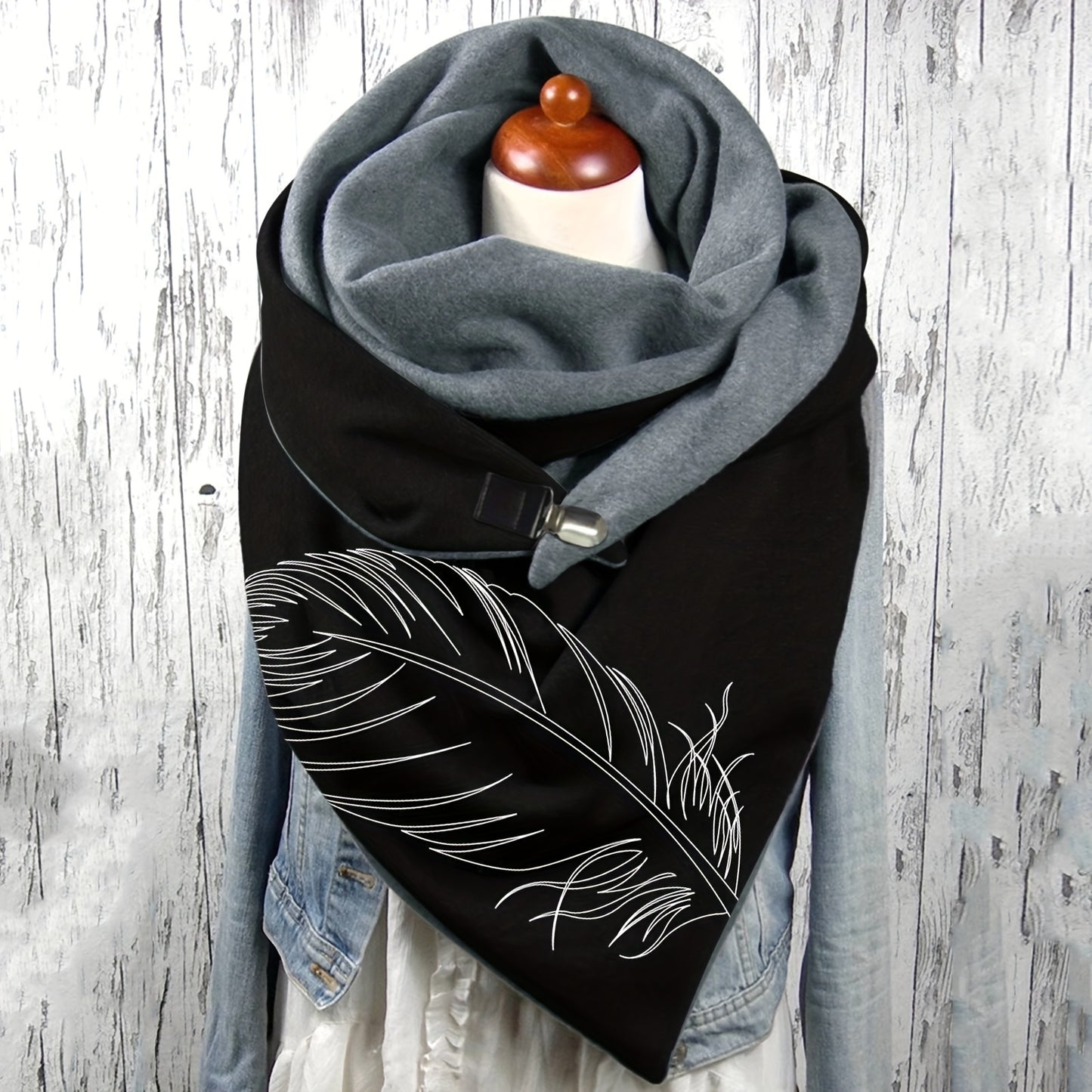 Personality Feather Pattern Triangle Scarf Thick Fleece Lined Soft Warm Buckle Shawl Autumn Winter Coldproof Elastic Wrapped Neck Scarf