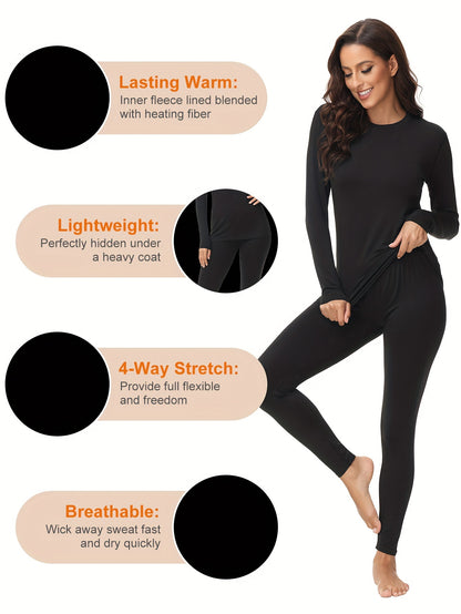 Winter-Ready Women's Thermal Set: Cozy Fleece-Lined, Stretchable, Easy-Care Top & Bottom - Non-Sheer & Stylish Long Johns