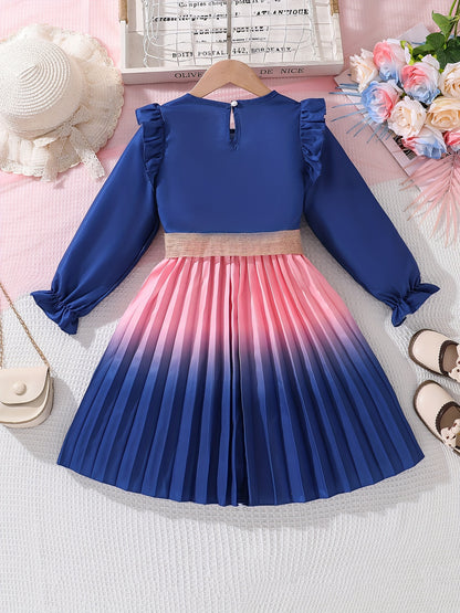 Gradient Color Girl's Ruffle Long-Sleeve Dress, Spring & Fall Vacation Party Casual A-line Dresses, Gift