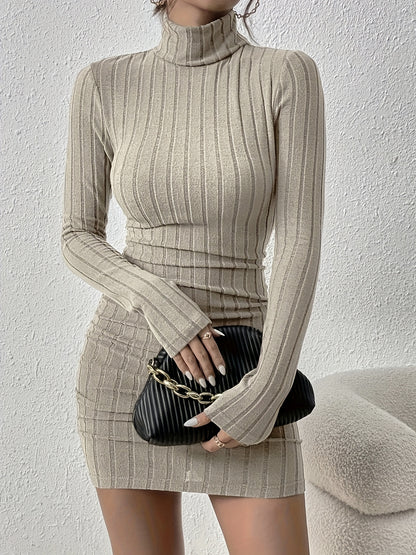 Mock Neck Bodycon Knit Dress, Elegant Solid Long Sleeve Dress, Women's Clothing