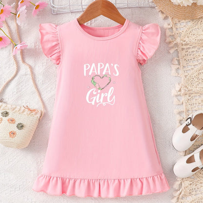 Cute Cartoon PAPAS GIRL Print Bodycon Dress for Girls - Soft Cotton, Short Sleeve, Crew Neck, Alphabets Pattern, Regular Fit, Slight Stretch, Perfect for Spring & Summer, Great Gift Idea