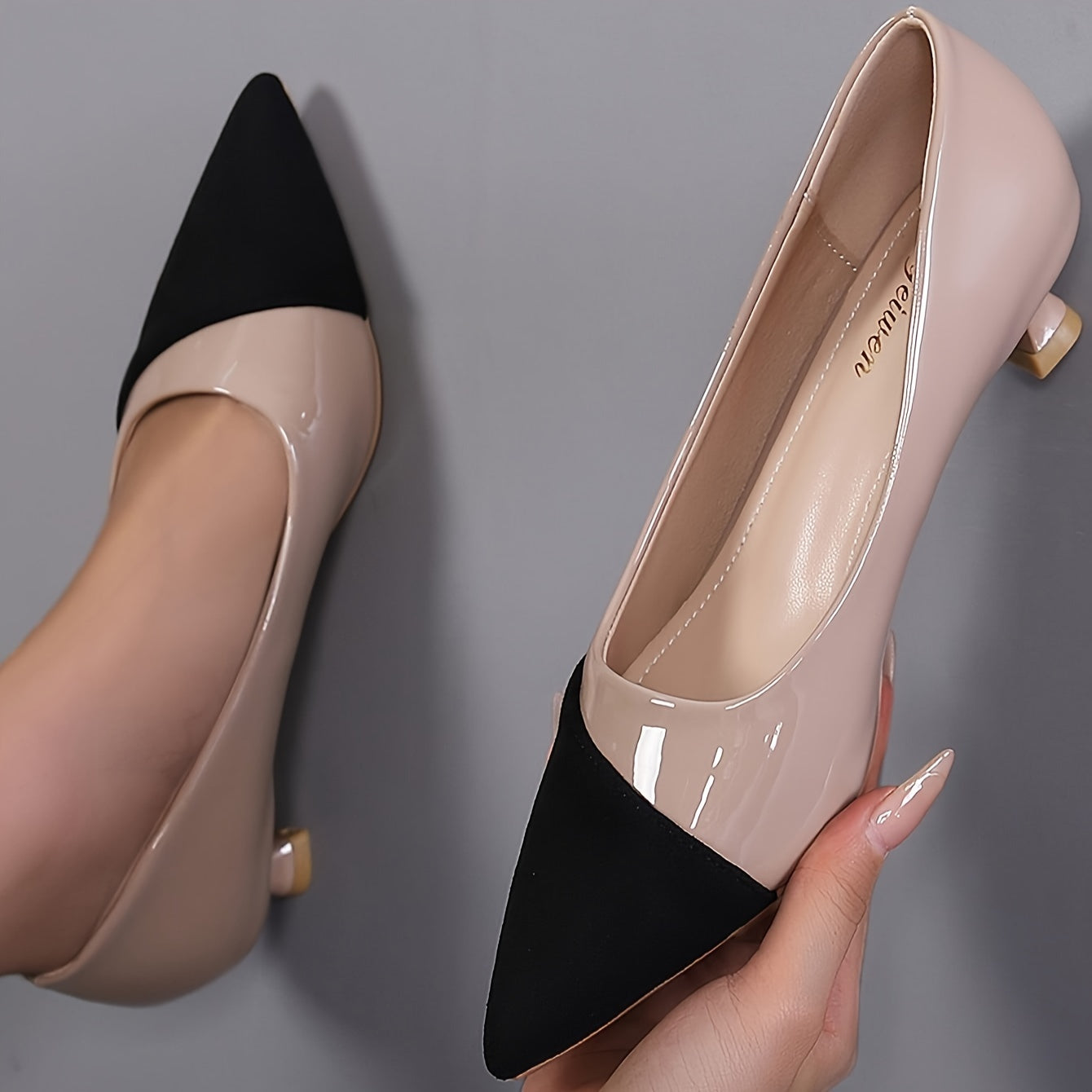 Elegant Women's Mid Heel Pumps: Contrast Pointed Toe, Chic Slip-On, Versatile Flare Heel for All-Season Wear