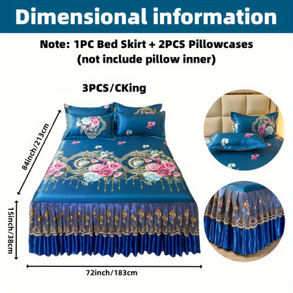 2PCS/3PCS New Full Lace Hem Bed Skirt, Jacquard Ice Silk Mat, Softness and Comfort, Folding, Machine Wash, Mattress Cover, Bedding Set, Bedroom Guest Room Bedding, Single, Double, Multiple Sizes(1PC Bed Skirt + 1PC/2PCS Pillowcases, Without Core)