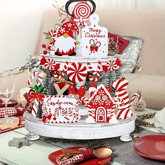 11pcs Christmas Tiered Tray Decor Set - Rustic Farmhouse Style With Candy Canes, Santa & More - Perfect For Holiday Home & Party Atmosphere