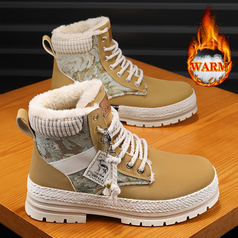 Men's Trendy High Top Snow Boots With Warm Plush Lining, Comfy Non Slip Lace Up Casual Shoes For Men's Outdoor Activities