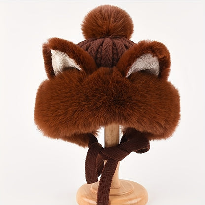 Adorable Fox/Cat Ear Warm Winter Hat - Plush Knit, Elastic, with Ear Protection & Adjustable Drawstring for Stylish Warmth