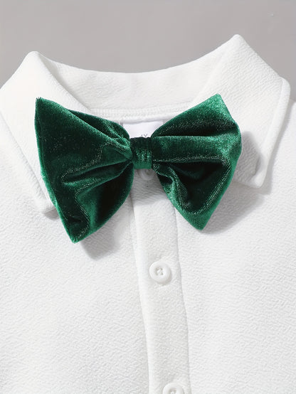 Boys' Velvet Christmas Outfit Set - Long Sleeve Shirt, Detachable Suspender Pants & Vest with Bow Tie | Perfect for Holiday Parties & Gifts