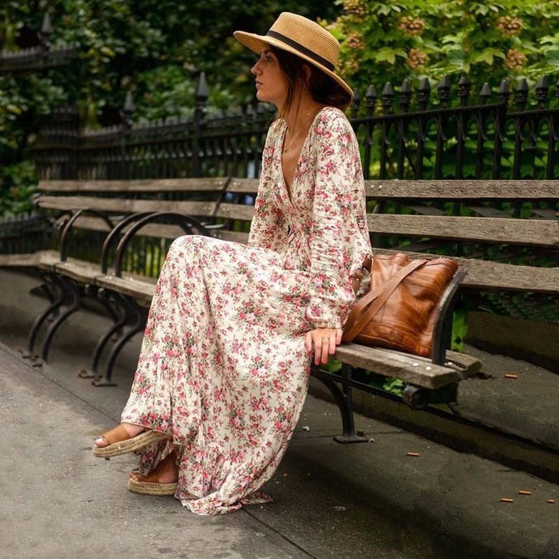 2025 New Printed  Women's Long Dress Lantern Sleeve Pendulum Bohemian Long Dress Women's Clothing