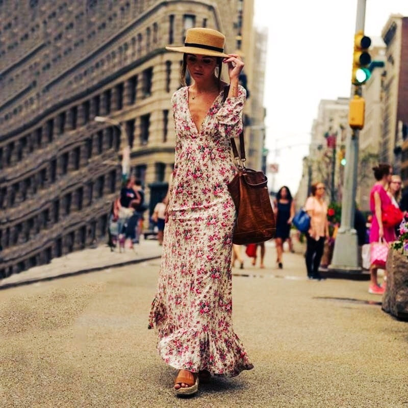 2025 New Printed  Women's Long Dress Lantern Sleeve Pendulum Bohemian Long Dress Women's Clothing