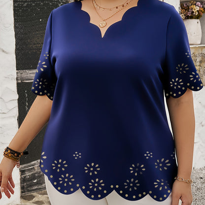 Plus Size V Neck Scallop Trim Cut Out Blouse - Soft Slight Stretch Polyester Fabric, Hollow Out Design, Casual Short Sleeve Shirt for Spring - Middle East Style, All-Season Wear, No Printing, Woven