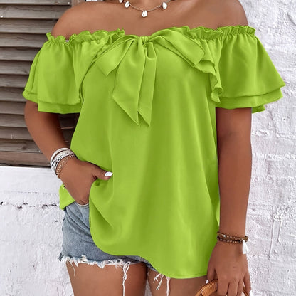 Plus Size Elegant Off The Shoulder Bow Tie Front Blouse - Non-Stretch Polyester Solid Color Summer Top with Layered Ruffle Trim and Elegant Style - Perfect for Womens Spring and Summer Outfit