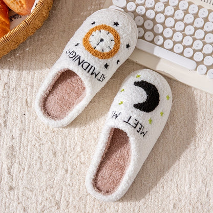 Letter & Moon Plush Home Slippers, Soft Sole Indoor Warm Lined Shoes, Non-slip Floor Cozy Shoes