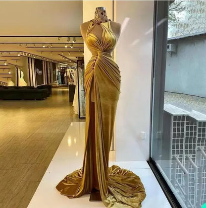 Gold Velvet Prom Dresses Ruched Long Sweep Train Mermaid Evening Party Gowns Side Slit High Neck Crystals Beading Arabic Robe de Soiree